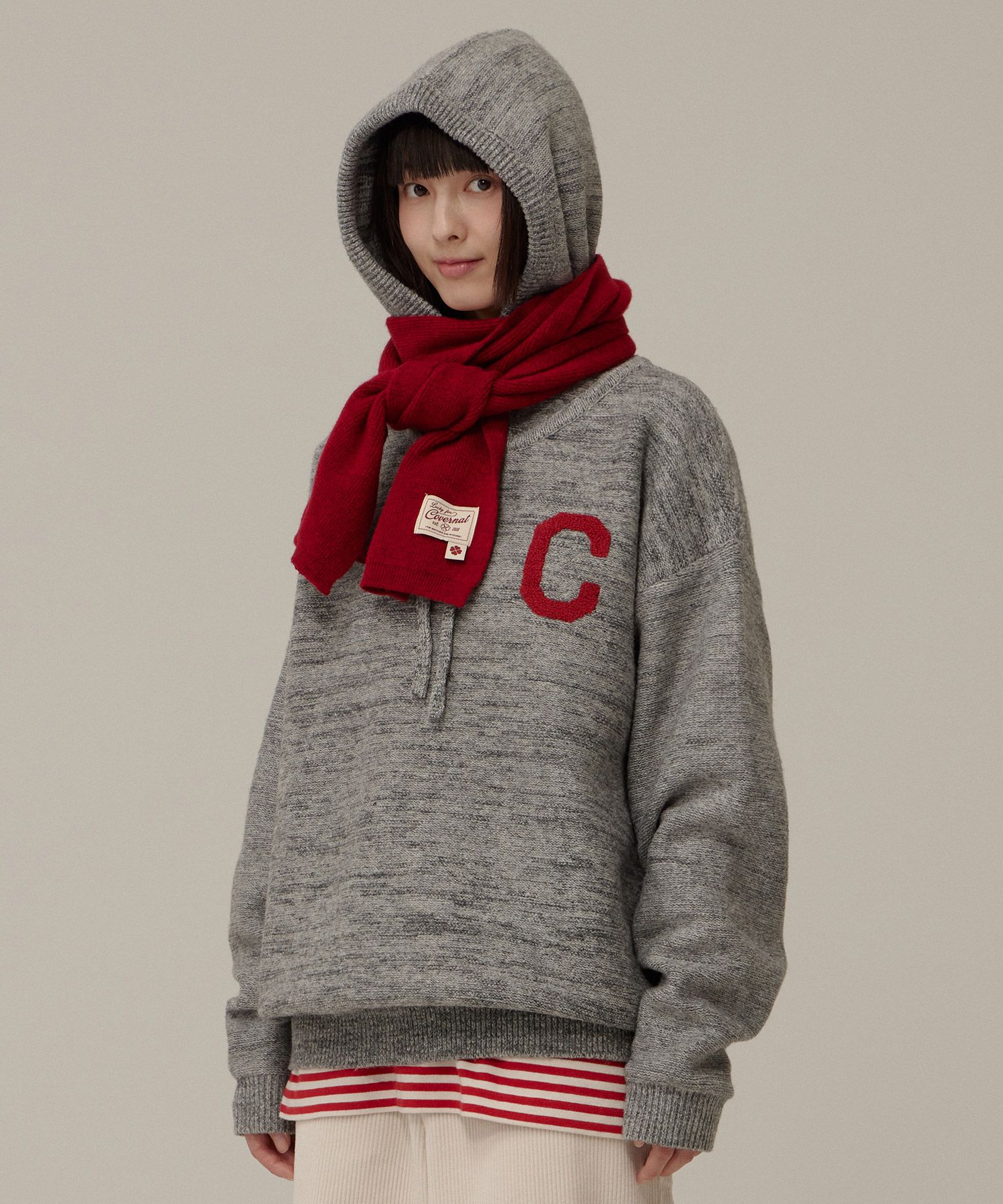 パーカー・フーディ COVERNAT C logo knit hoodie melange gray MUSINSA | COVERNAT C Logo Knit Hoodie Melange Grey