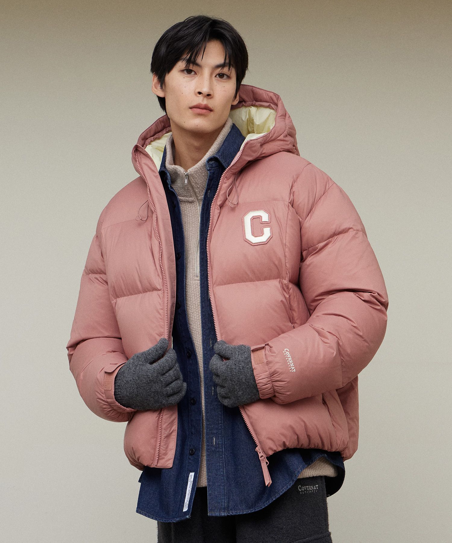[COVERNAT] RDS College Volume Hoodie Down (男女共用) MUSINSA公式 | COVERNAT RDS College Volume Hoodie Down Dusty Pink