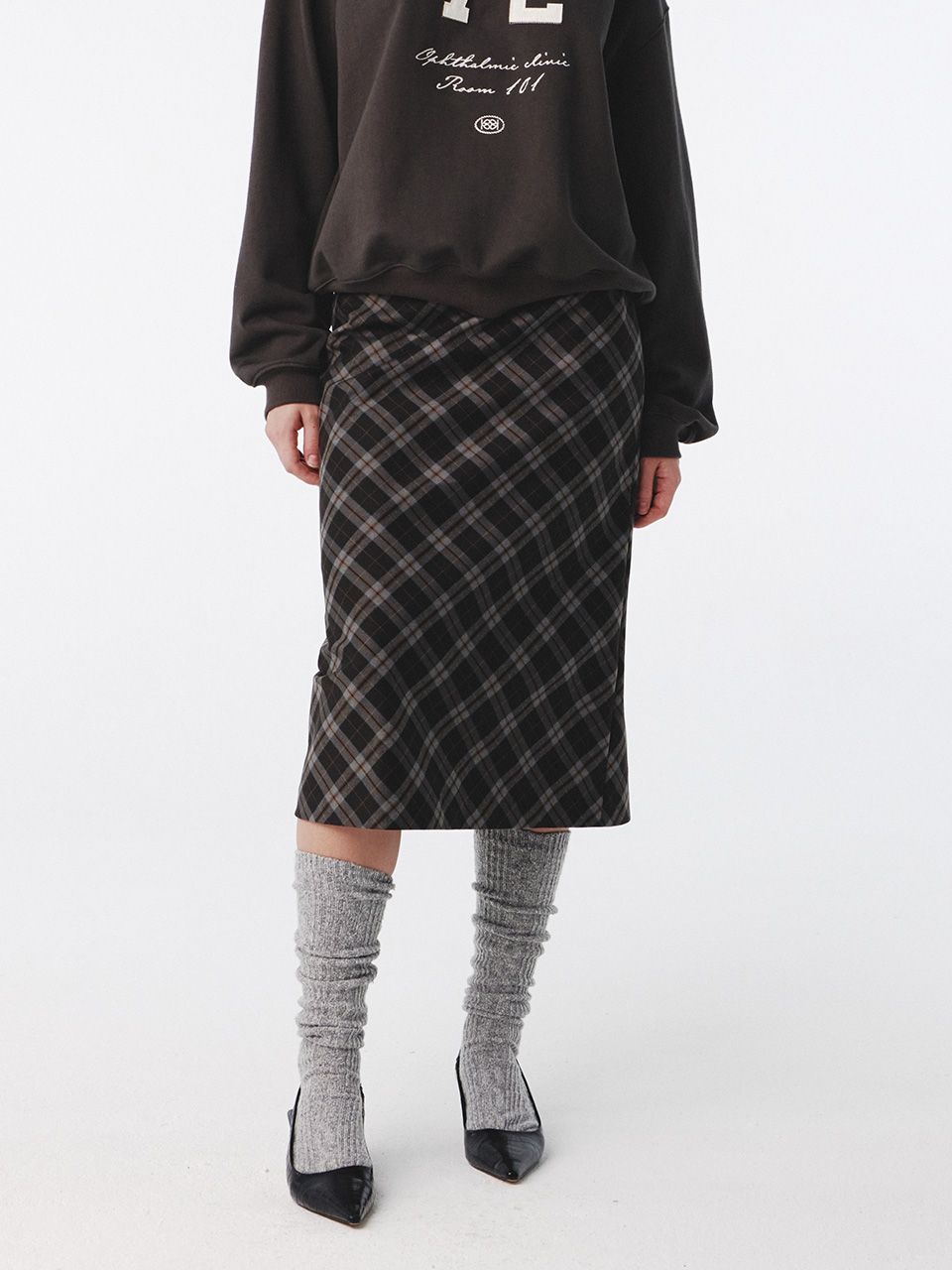 MUSINSA公式 | KIJUN Check Midi Skirt Charcoal