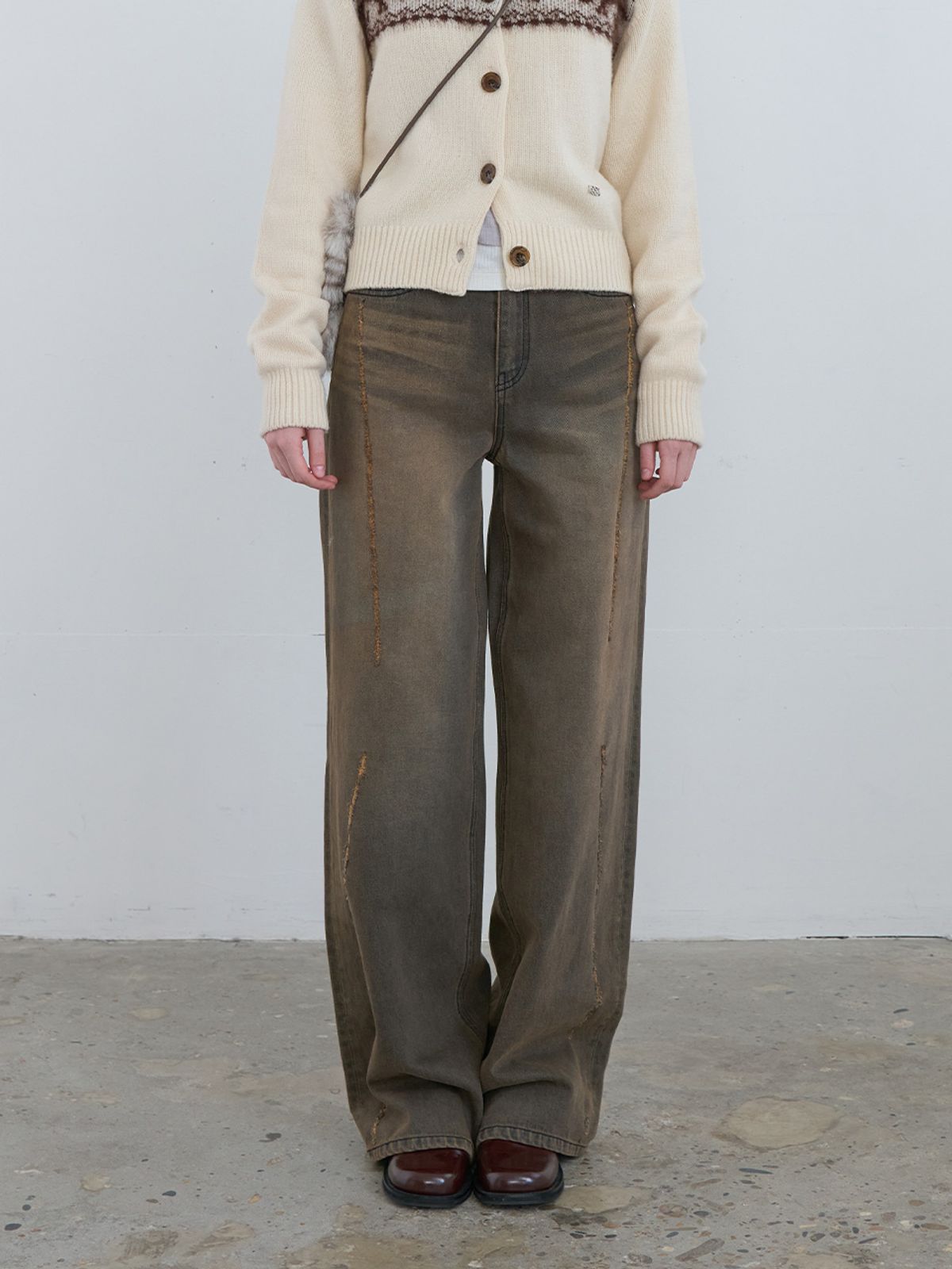 기준(KIJUN) Scratched Wide Jeans Charcoal Brown