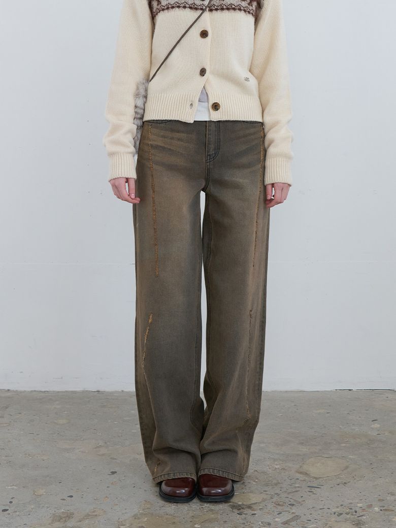 Scratched Wide Jeans Charcoal Brown