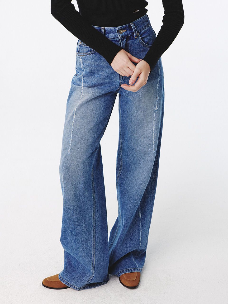 【関税込み】Kijun ブルー エアブラシ ジーンズ MUSINSA | KIJUN Scratched Wide Jeans Blue