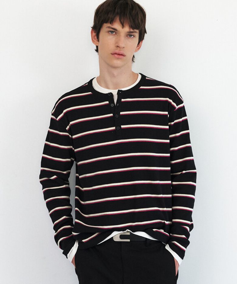 STRIPED COTTON HENLEY NECK TOP - BLACK