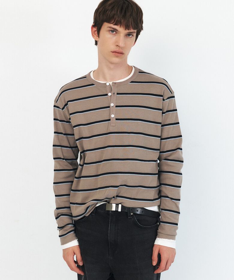 STRIPED COTTON HENLEY NECK TOP - TAUPE BEIGE