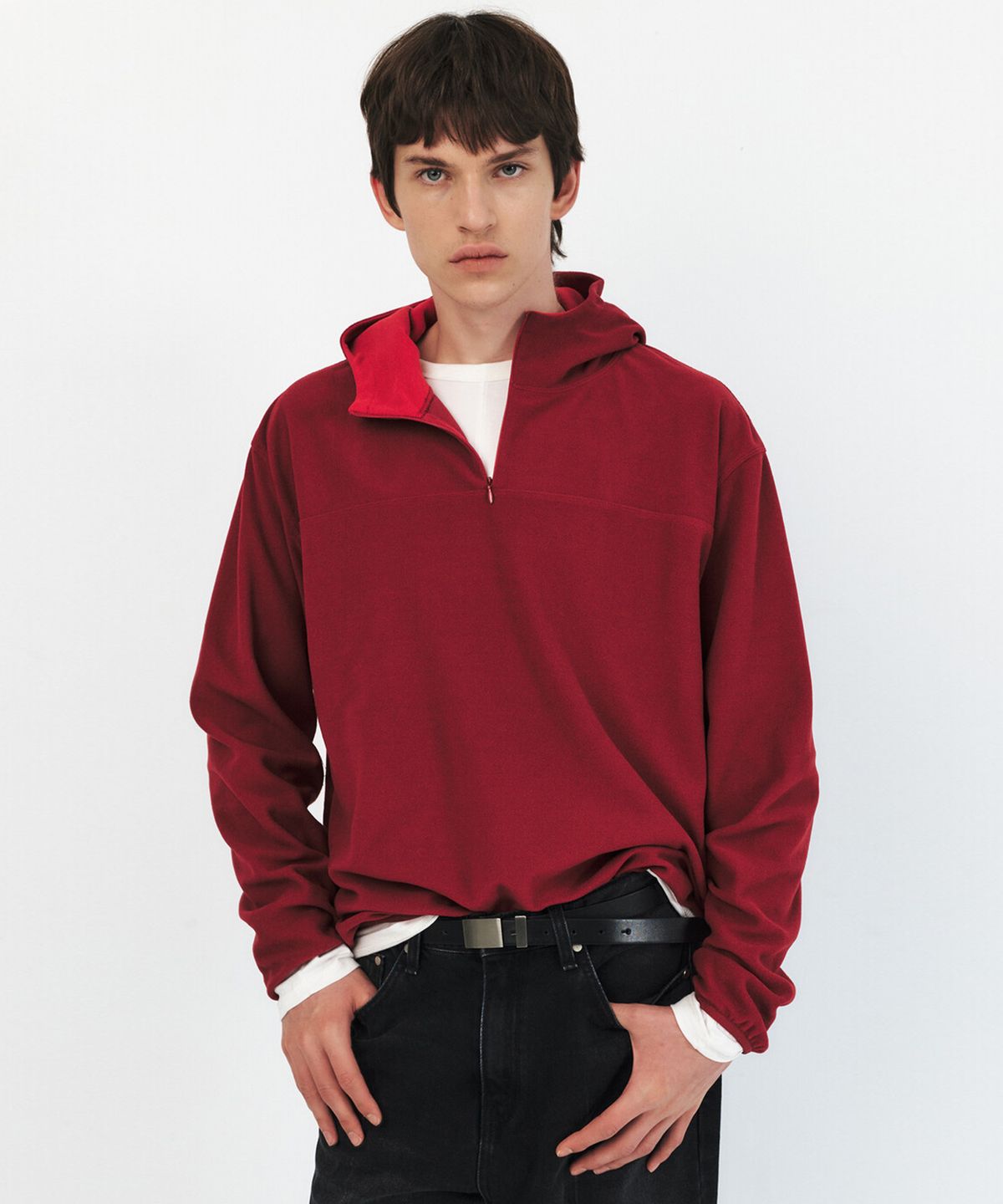 윈더(WINDER) FLEECE SCUBA HOODIE TOP - RED