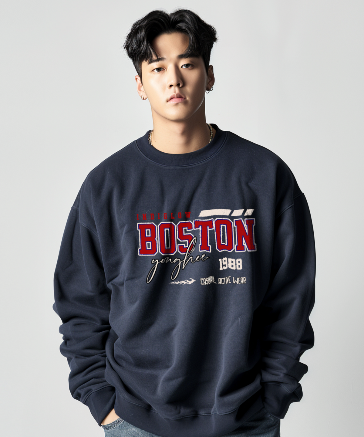 인디글로우(INDIGLOW) 보스톤 레터링 빈티지 커플 맨투맨 스웨트 셔츠