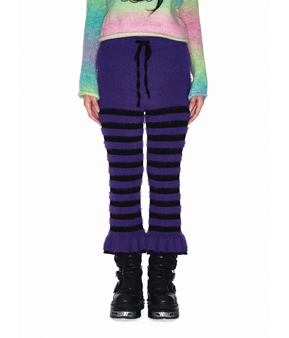 유쓰배쓰(YOUTHBATH) Fluffy stripe cropped knit pants_purple