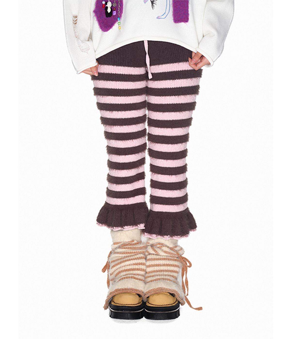 유쓰배쓰(YOUTHBATH) Fluffy stripe cropped knit pants_gray