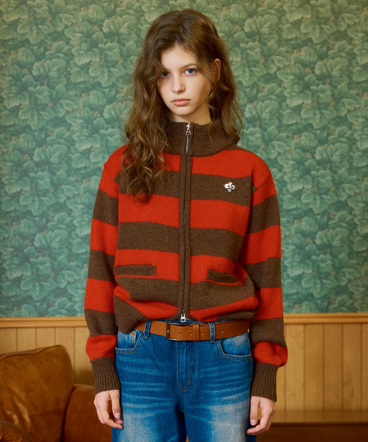 헤레틱(HERETIC) STRIPE KNIT ZIP-UP JACKET / brown