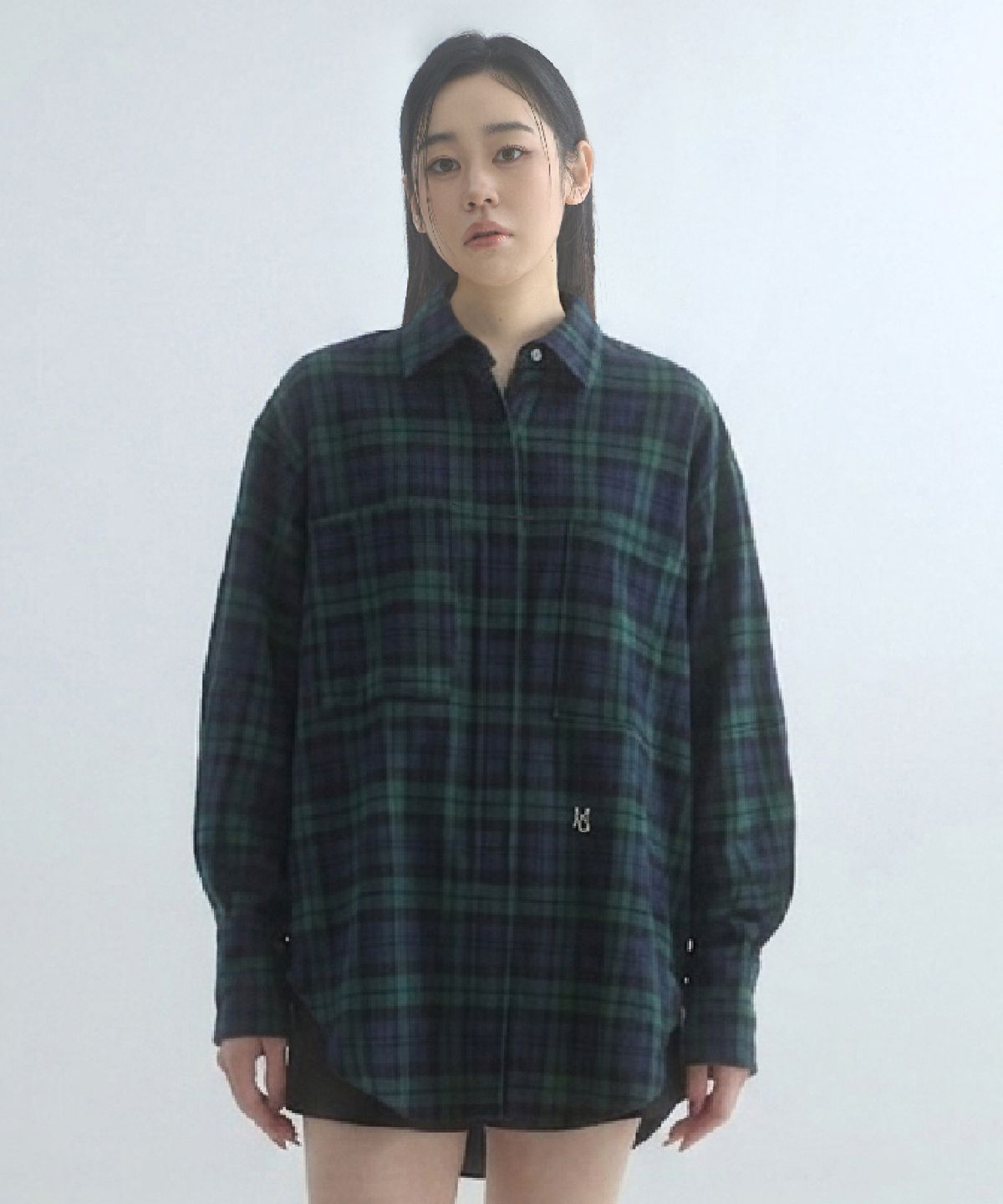 무아르모아(MOIREMOA) Round Sleeve Tie Check Shirt - Green