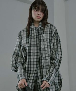 Round Sleeve Tie Check Shirt - Black