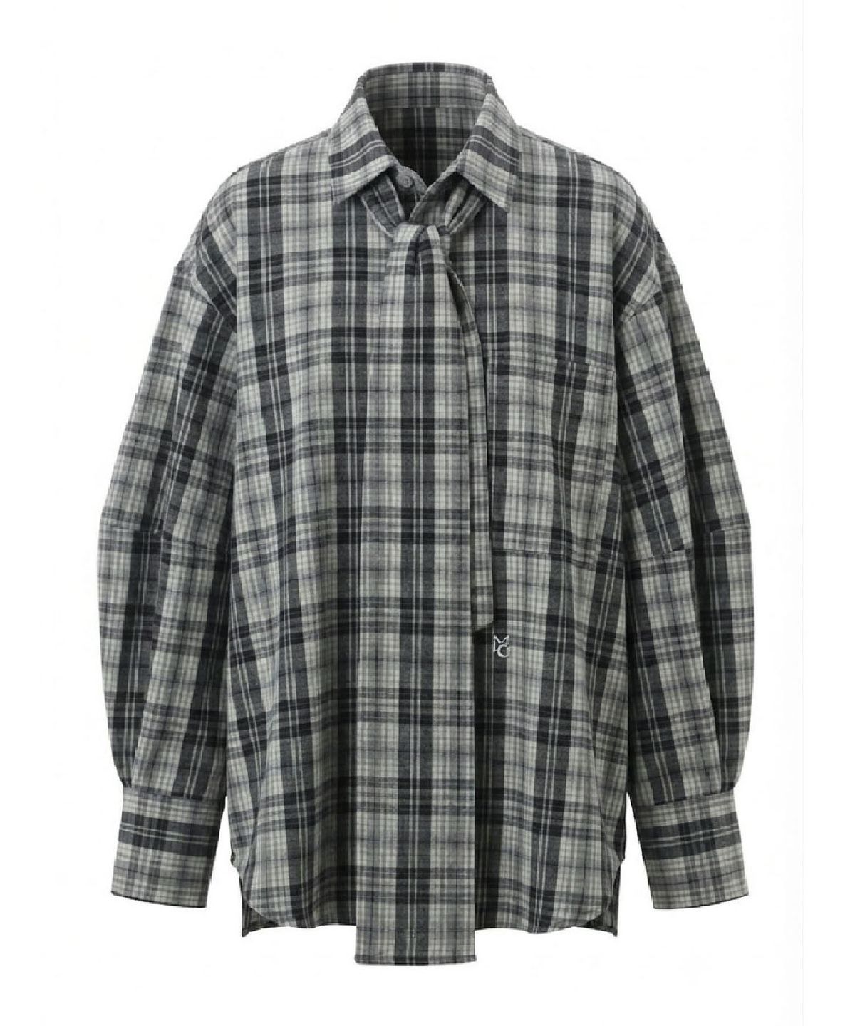 무아르모아(MOIREMOA) Round Sleeve Tie Check Shirt - Black