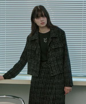 Collar Tweed Single Jacket - Black