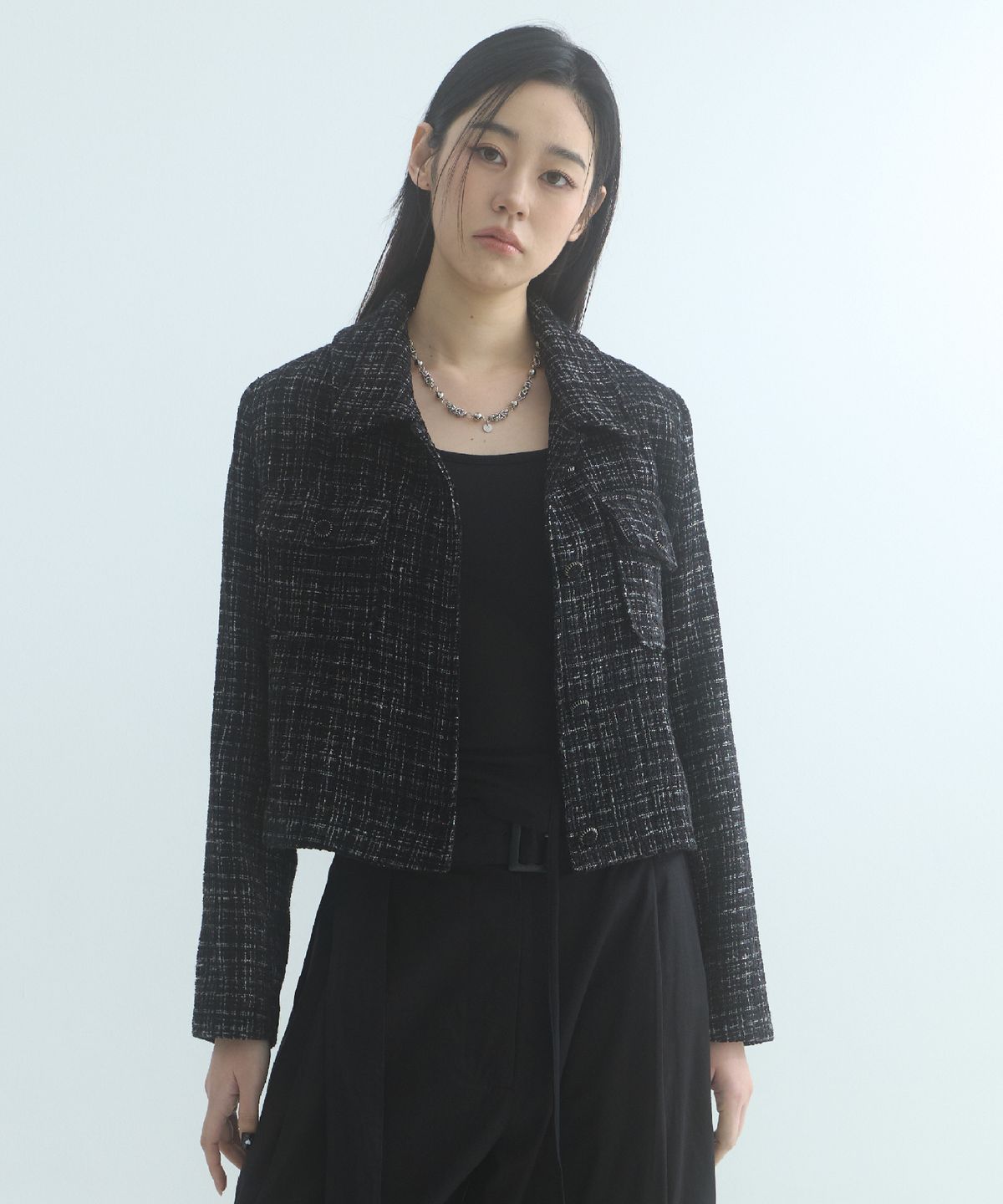 무아르모아(MOIREMOA) Collar Tweed Single Jacket - Black