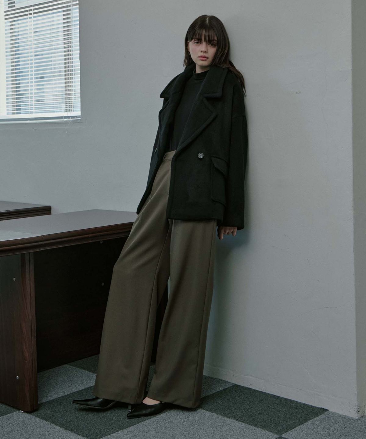 무아르모아(MOIREMOA) Wool Blend semi wide pants - Grayish Brown