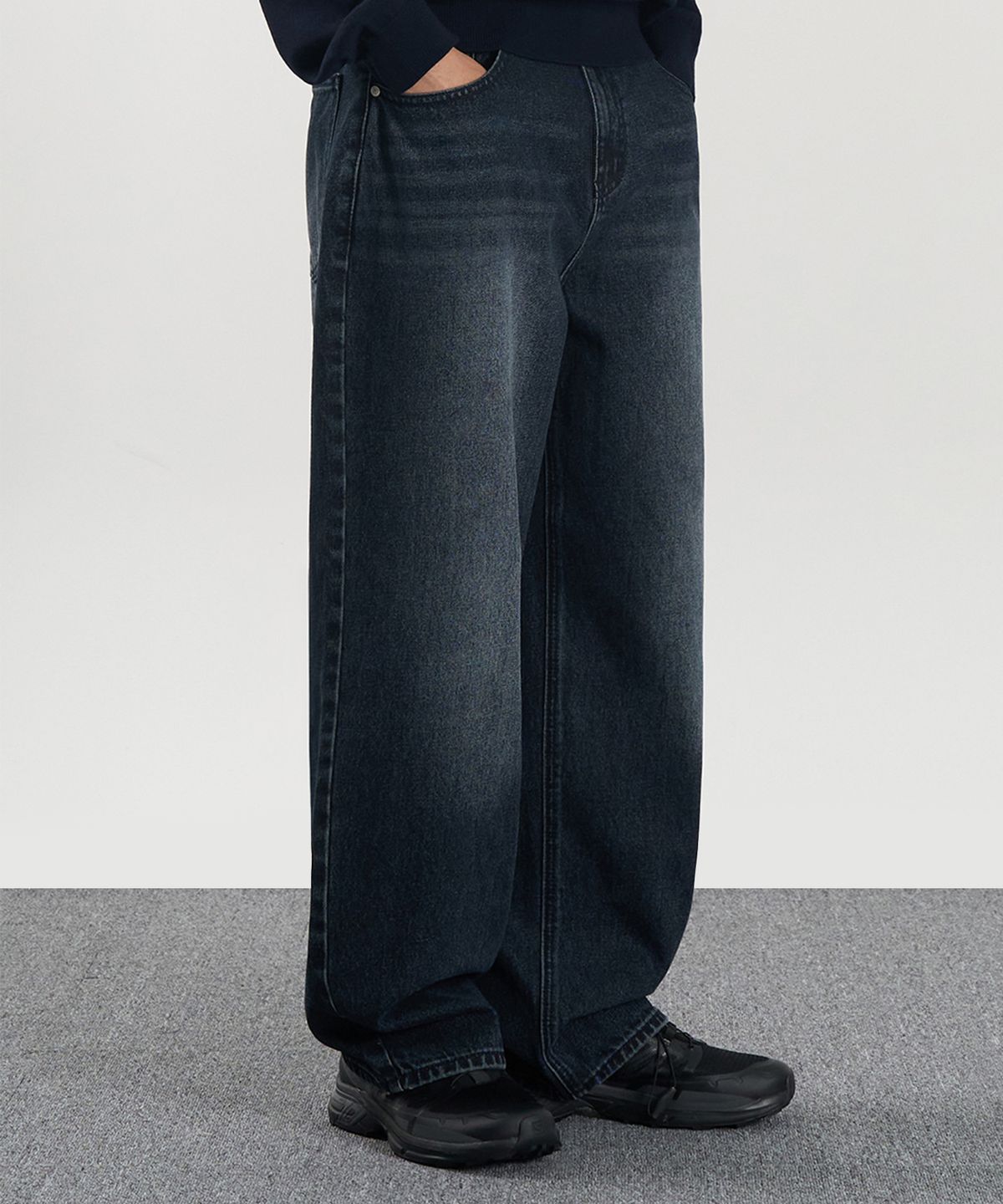 엑스컨테이너(EXCONTAINER) 딥 워싱 와이드 데님 팬츠  (WASHED DARK BLUE)