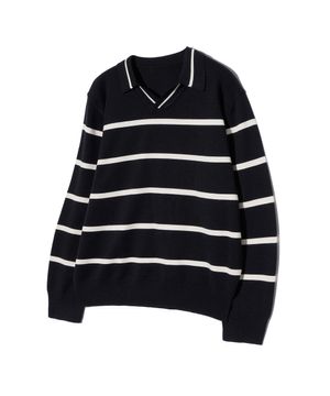 86-IROJ365 오픈넥 스트라이프 긴팔 니트 블랙