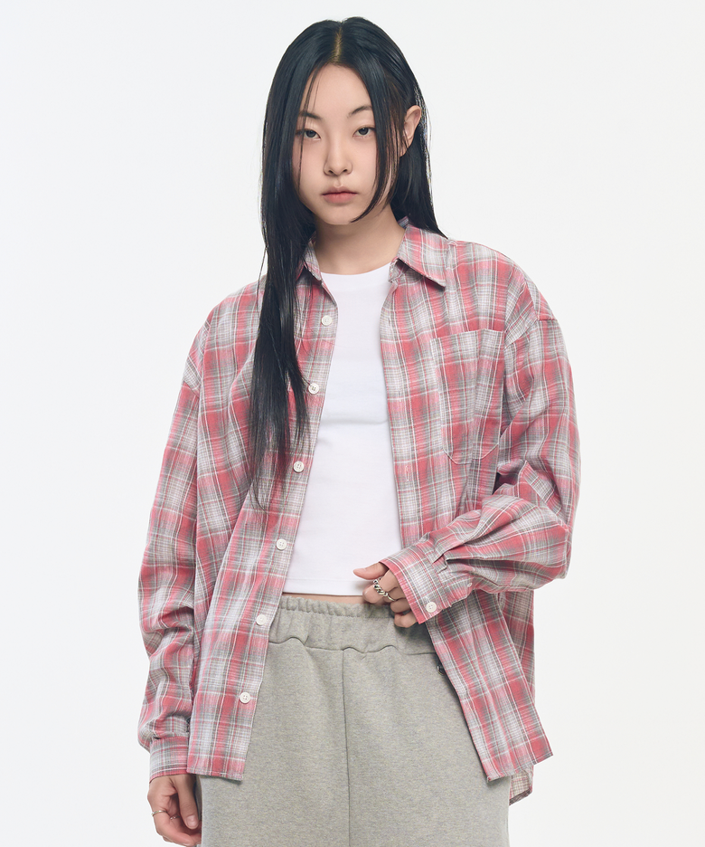 레트로 포켓 체크 셔츠_그레이&핑크