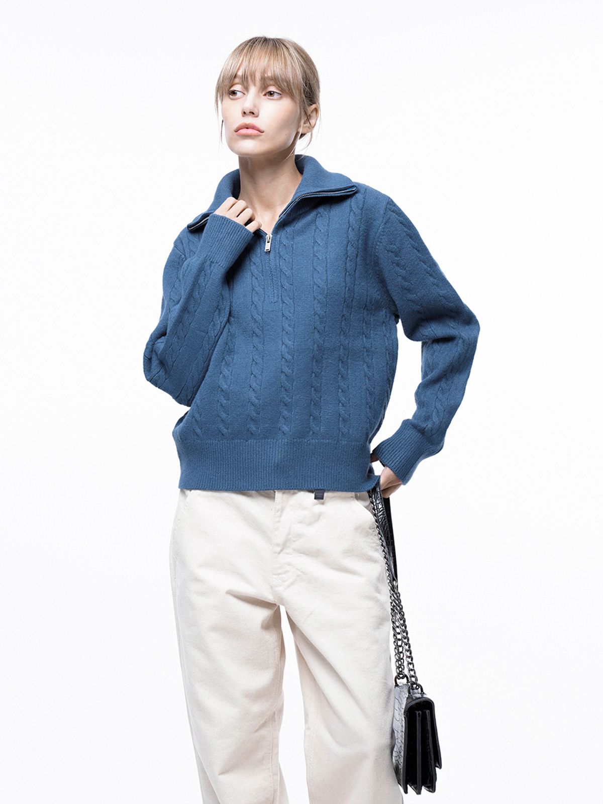 챈세스노이(CHANCE'S NOI) Soft Cable Half Zip-up Knit - Blue /W243TP01BL