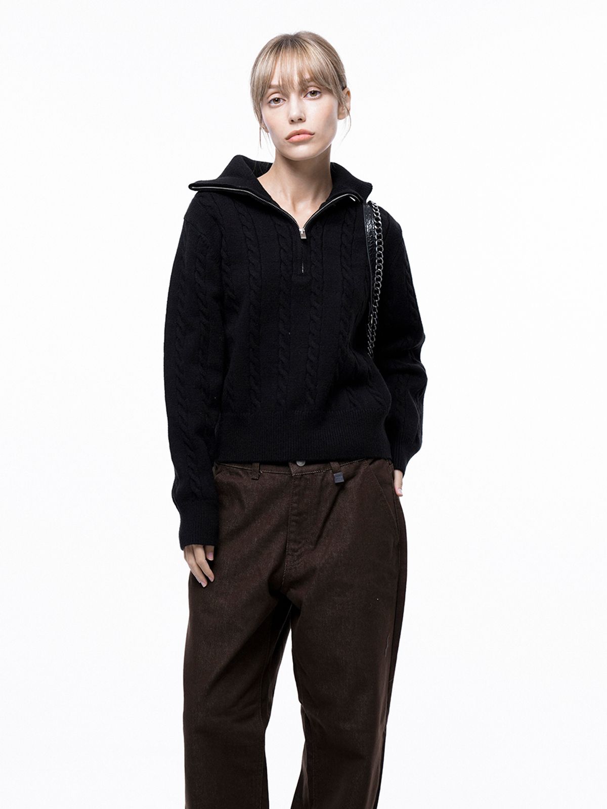 챈세스노이(CHANCE'S NOI) Soft Cable Half Zip-up Knit - Black /W243TP01BK