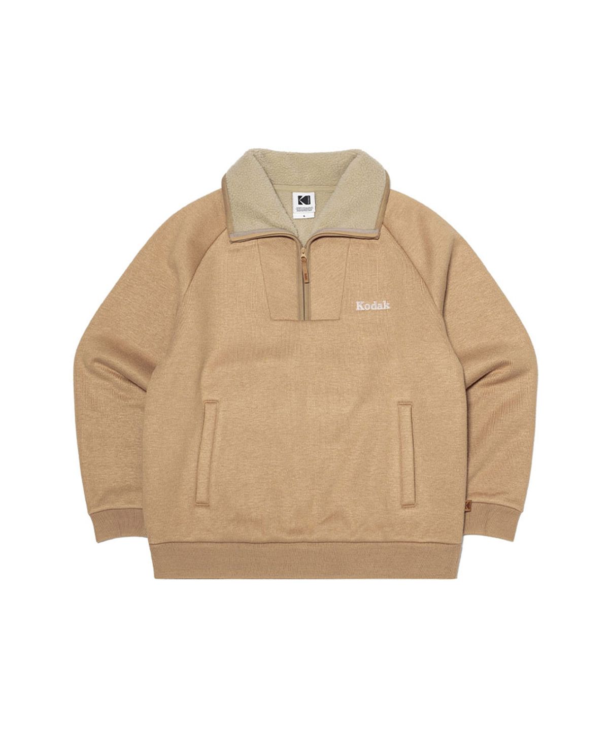코닥(KODAK) 브라우니 세미오버핏 라이트웜 기모 반집업 맨투맨 BEIGE