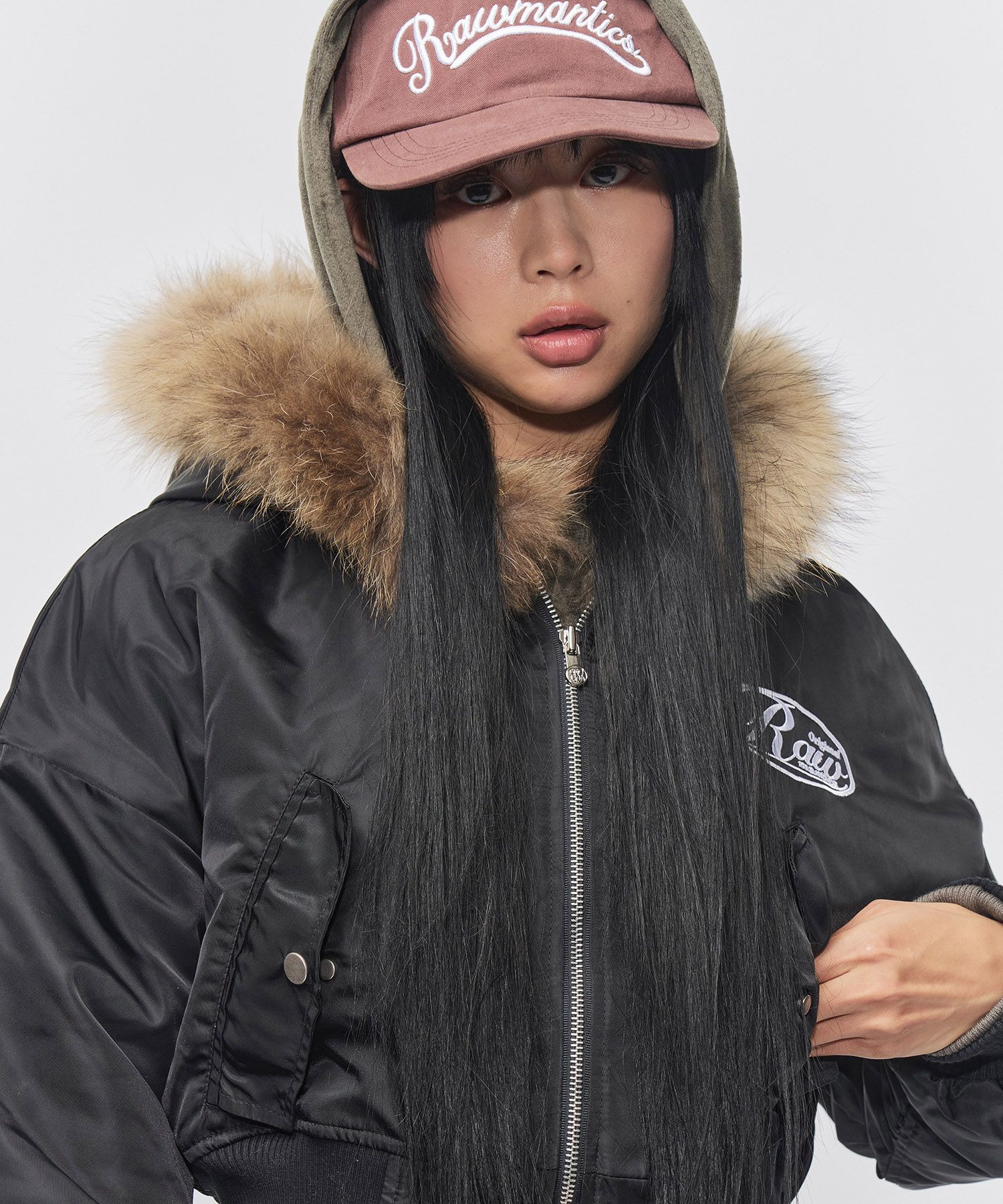 MUSINSA RAWMANTICS Real raccoon fur hooded flight jacket black