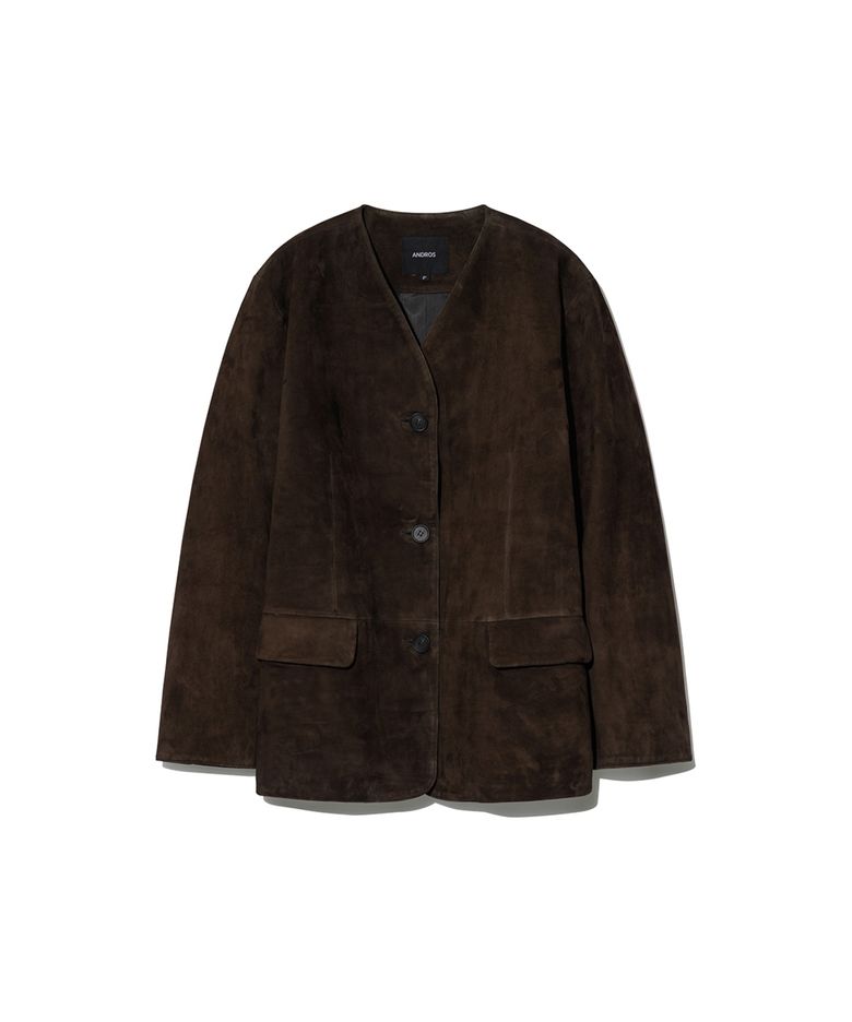 Collarless Goat Suede Jacket (Chocolate Brown)