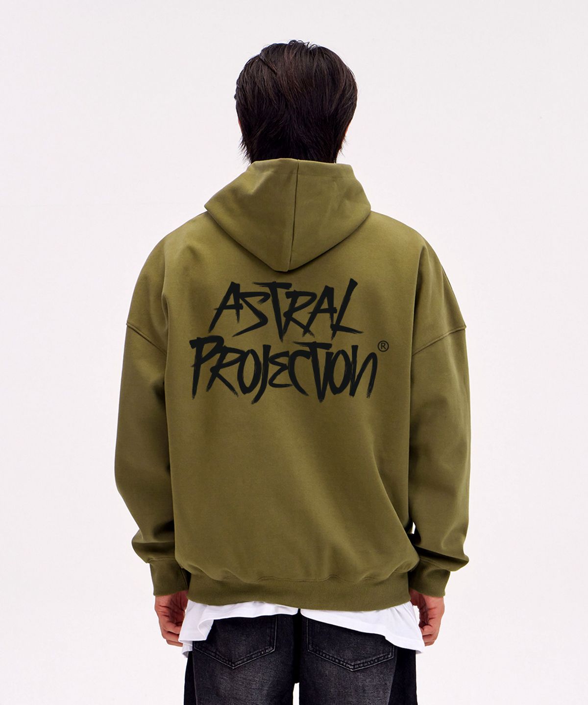 아스트랄 프로젝션(ASTRAL PROJECTION) 그래피티 레터링 오버핏 와이드 숄더 후드 집업_그린브라운