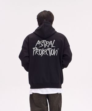 그래피티 레터링 오버핏 와이드 숄더 후드 집업_블랙