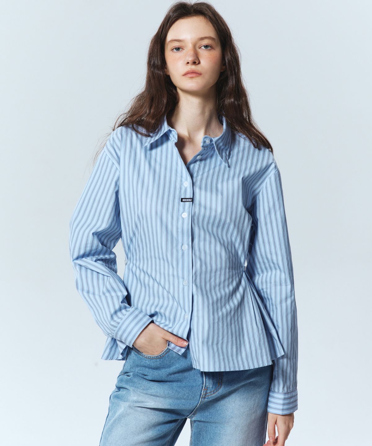 닉앤니콜(NICK&NICOLE) NICOLE LABEL STRIPE WRINKLE SLEEVE SHIRT_SKY BLUE