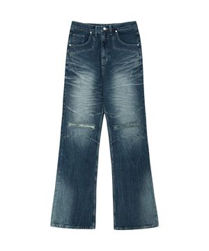 워싱 오버핏 플레어 데님 팬츠 - 딥블루