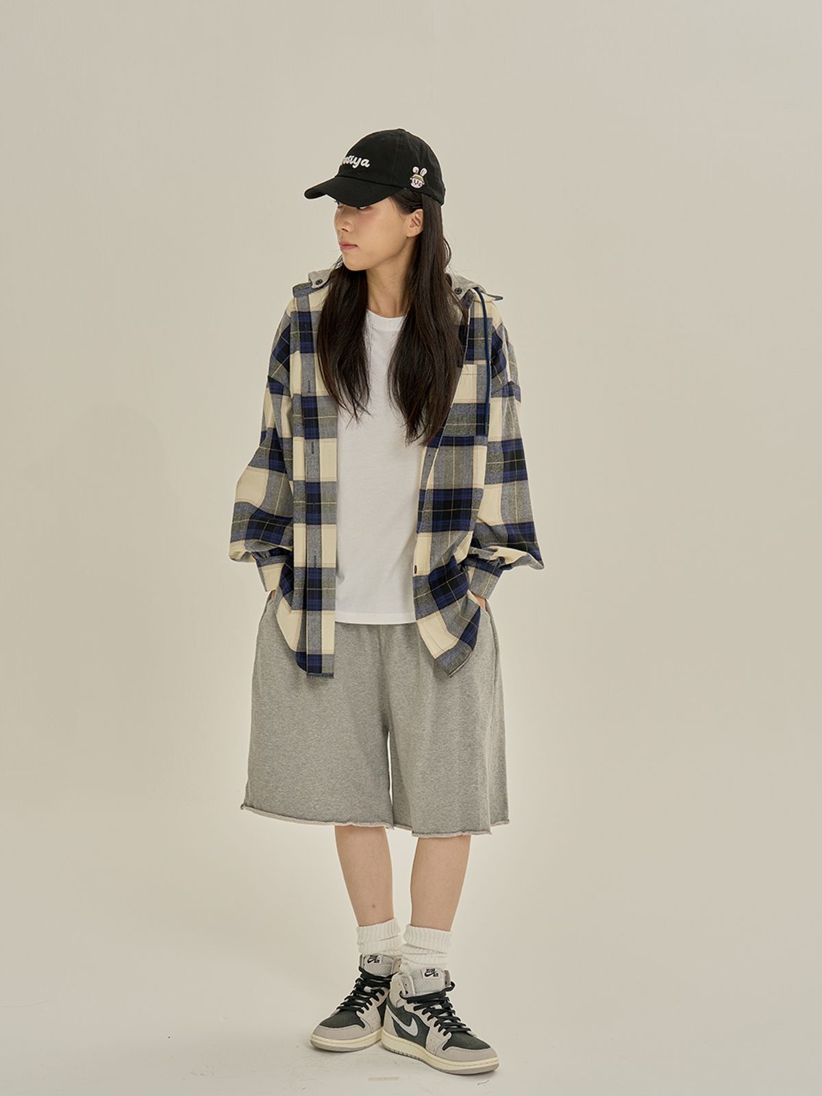 로시야(ROSIYA) 후드  포인트 체크 남방(네이비)