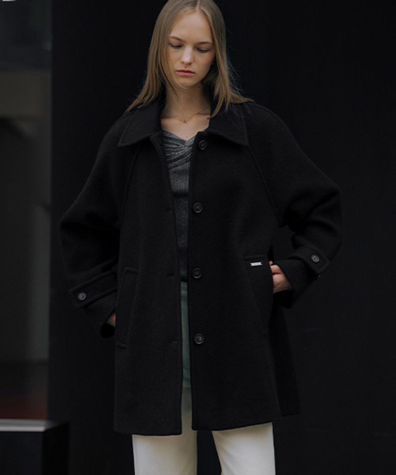 Wide collar wool blend half a-line coat_Black