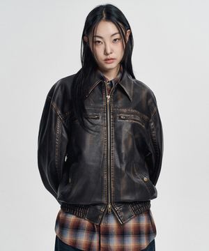 워시드 신세틱 레더 자켓 - 브라운