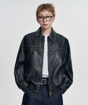 워시드 신세틱 레더 자켓 - 블랙