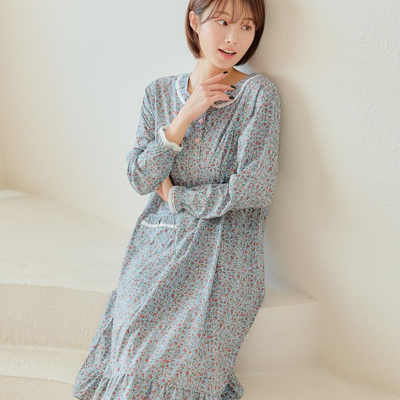 여성용 비쥬플라워 60수 순면 긴팔원피스잠옷