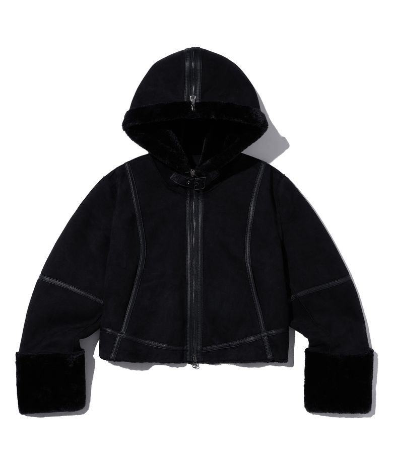 W TAG SHEARING HOOD JACKET - BLACK