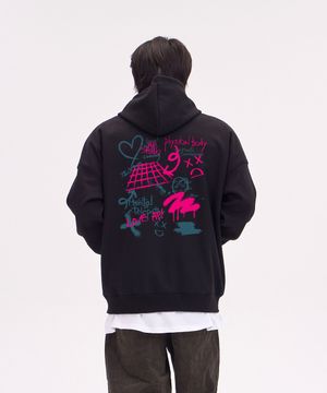 그라피티 오버핏 와이드 숄더 후드 집업_블랙