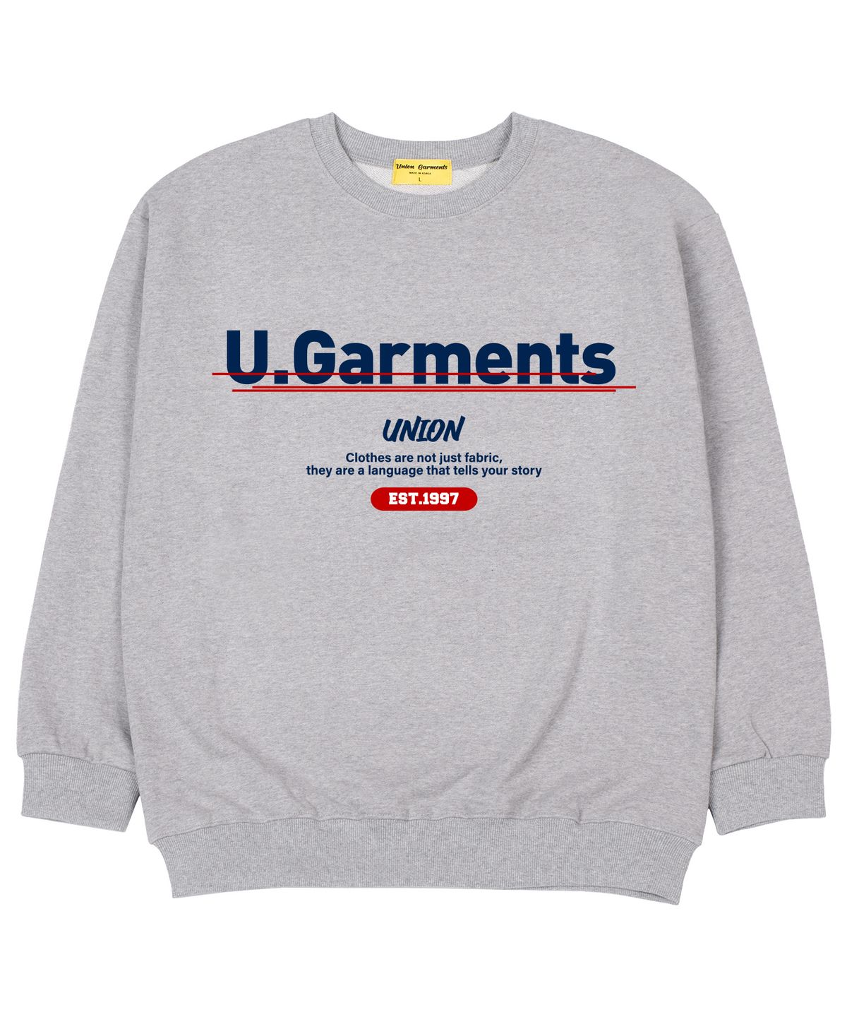 유니온가먼츠(UNION GARMENTS) 포인트로고 쭈리 오버핏 맨투맨 티셔츠 그레이
