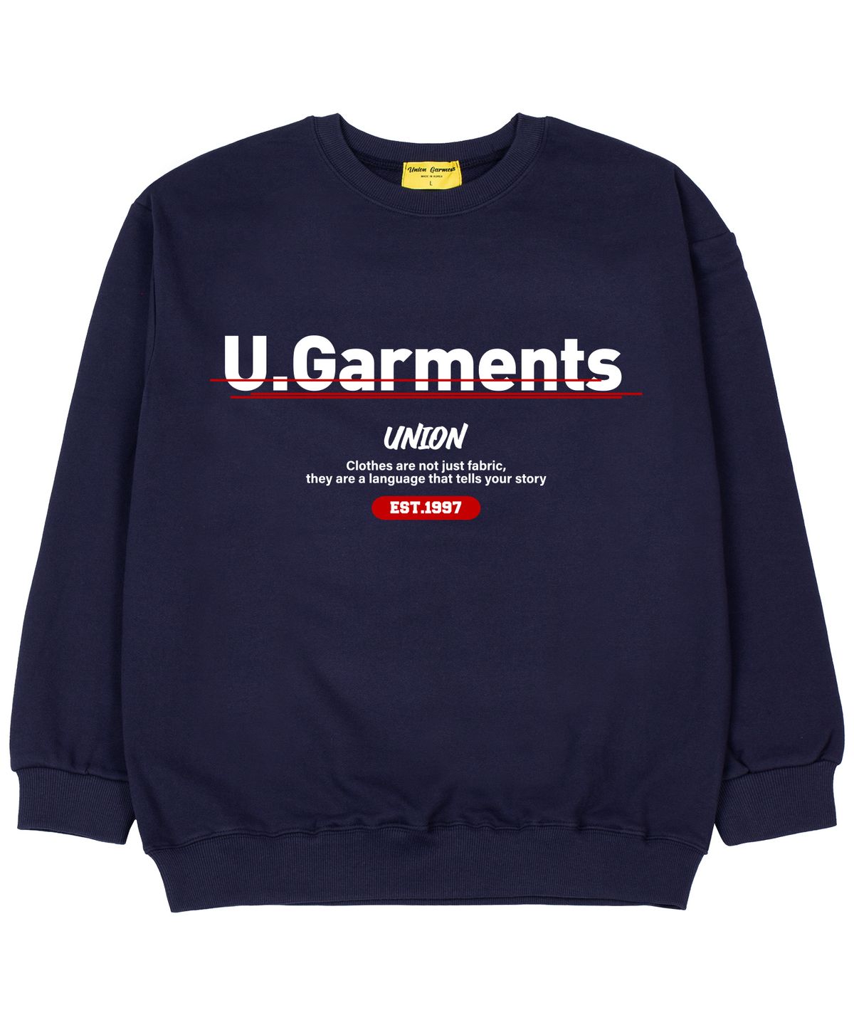 유니온가먼츠(UNION GARMENTS) 포인트로고 쭈리 오버핏 맨투맨 티셔츠 네이비