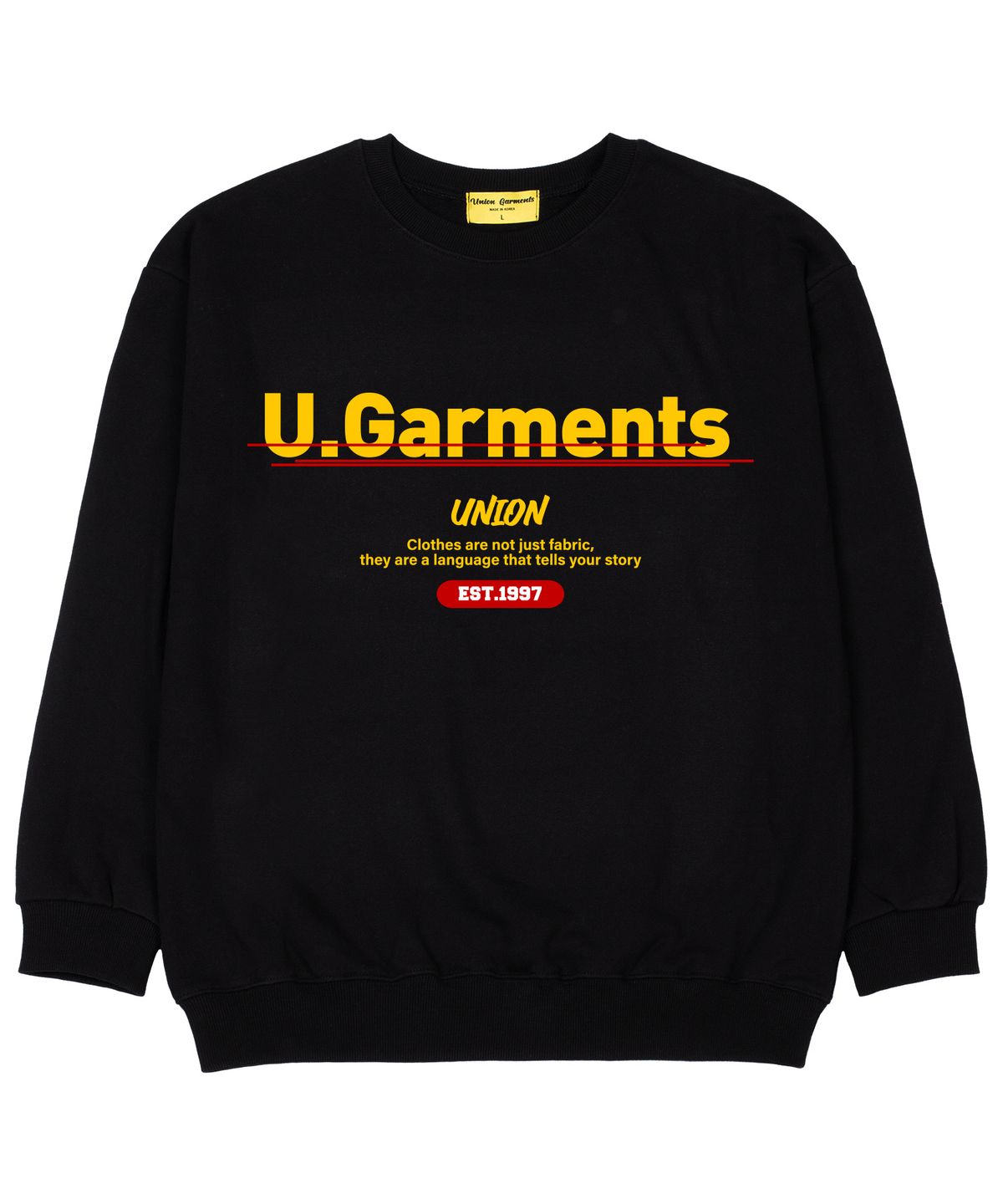 유니온가먼츠(UNION GARMENTS) 포인트로고 쭈리 오버핏 맨투맨 티셔츠 블랙