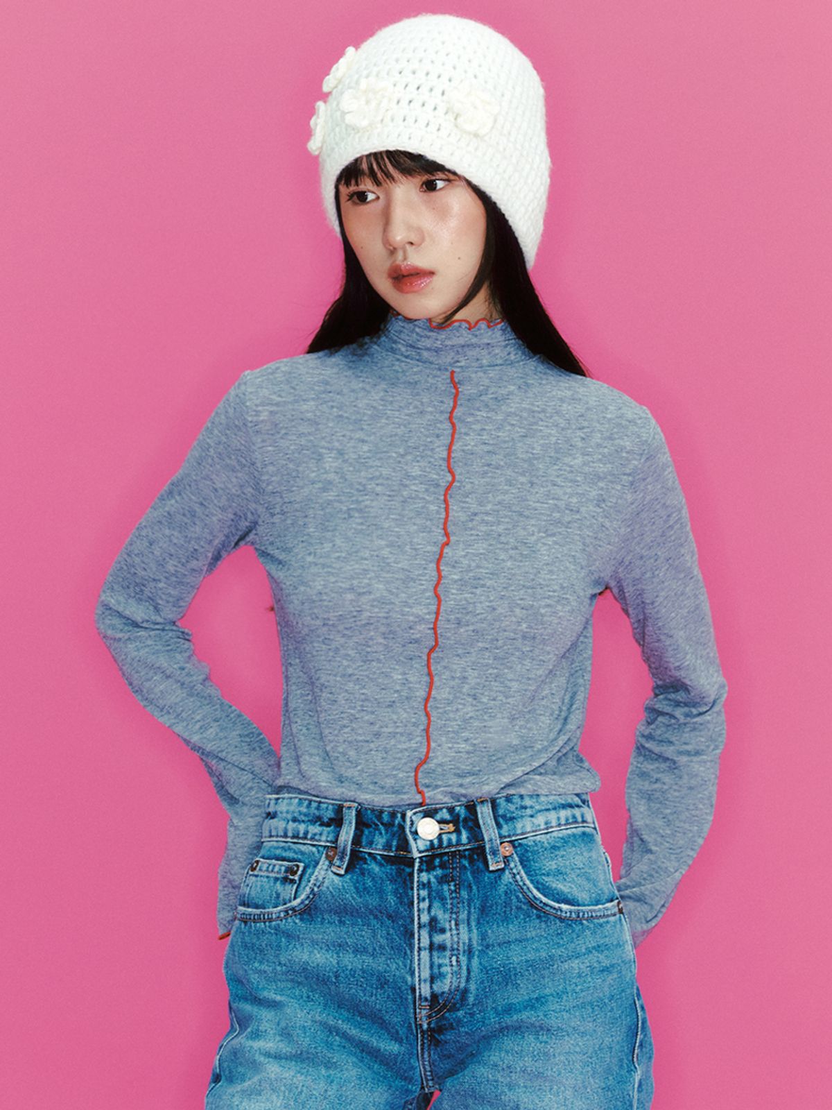 가니송(GANISONG) 컬러 블락 인터록 터틀넥_그레이
