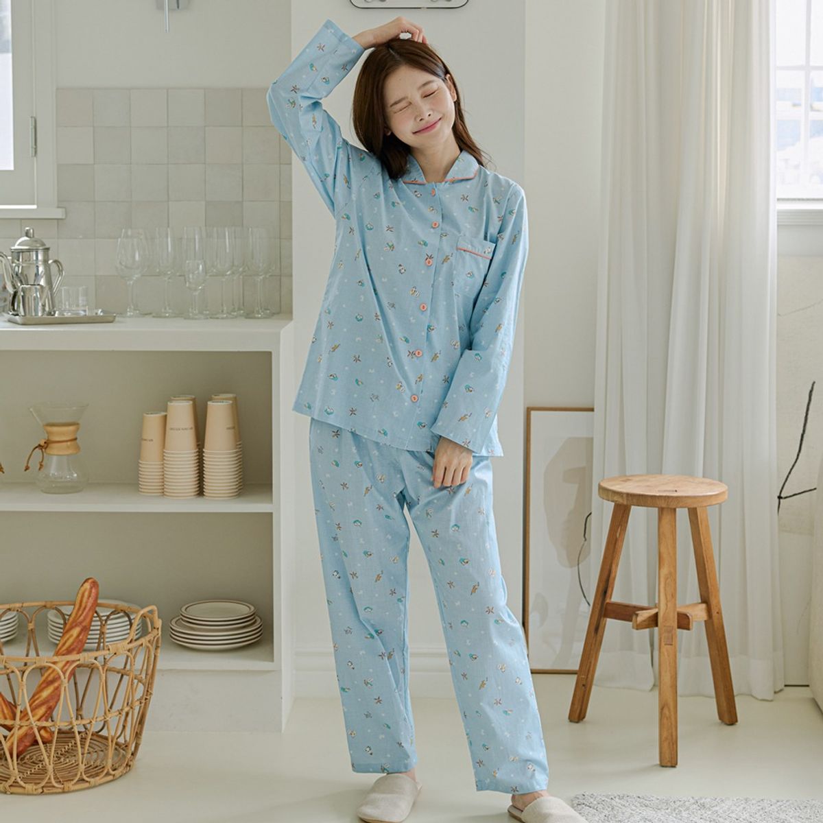 찌니야(JJNIYA) 여성용 해피고양이 블루 40수 순면 긴팔상하세트
