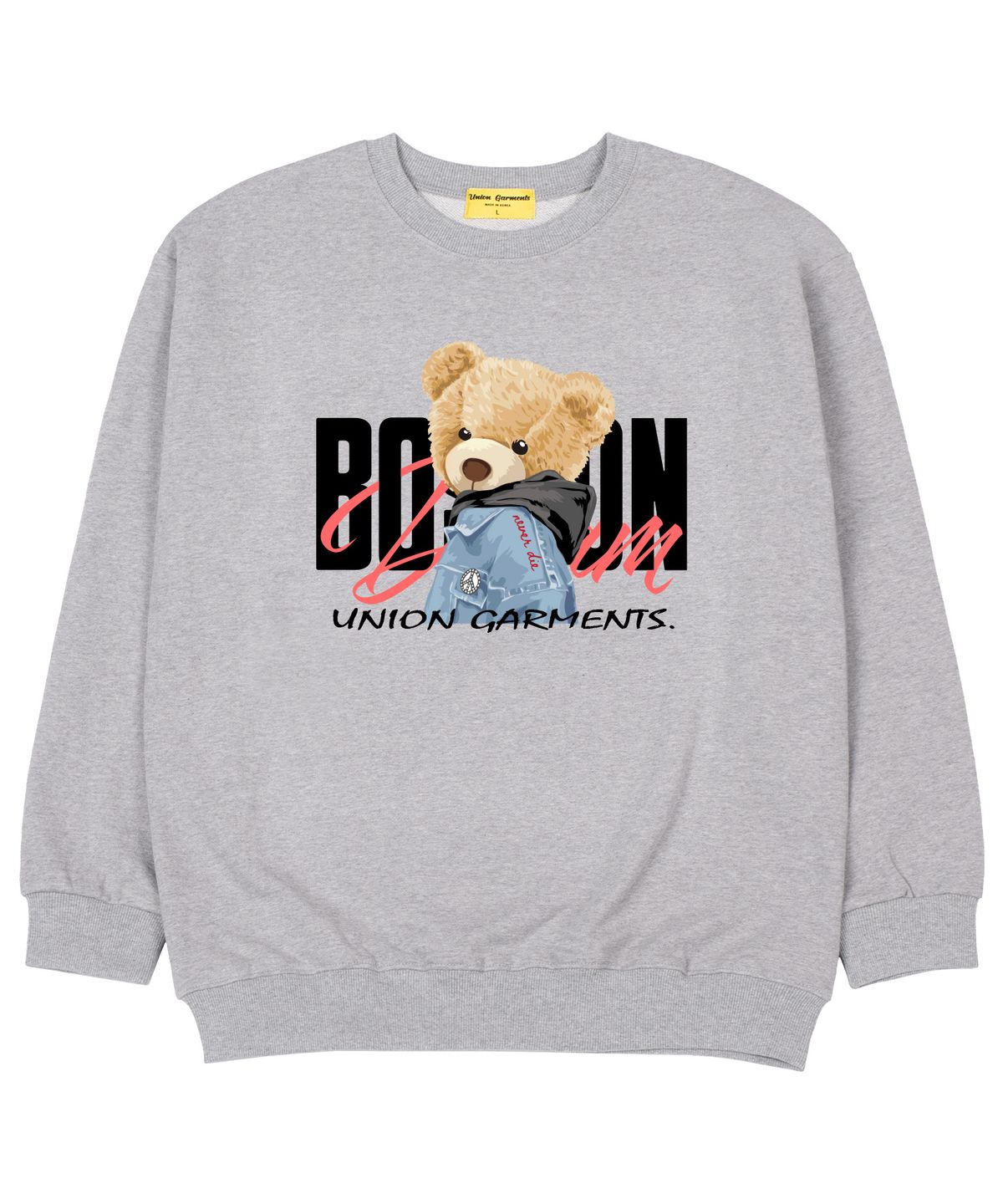 유니온가먼츠(UNION GARMENTS) 베어후드 쭈리 오버핏 맨투맨 티셔츠 그레이