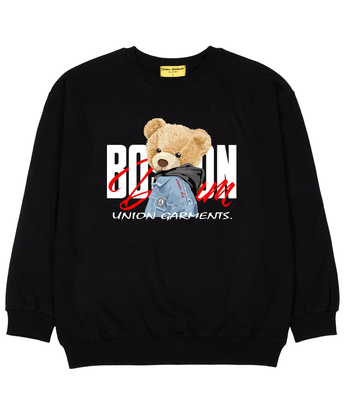 유니온가먼츠(UNION GARMENTS) 베어후드 쭈리 오버핏 맨투맨 티셔츠 블랙