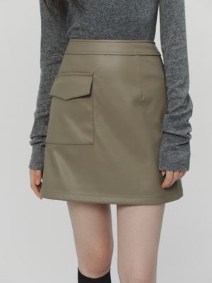 HAZEL pocket leather mini skirt_KHAKI GRAY