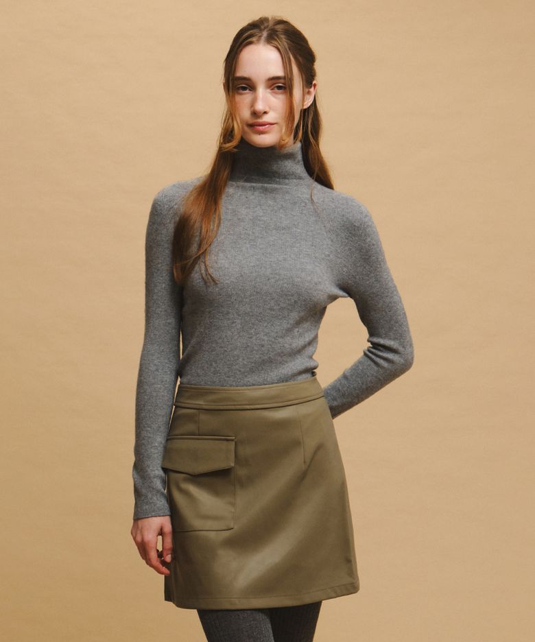 HAZEL pocket leather mini skirt_KHAKI GRAY
