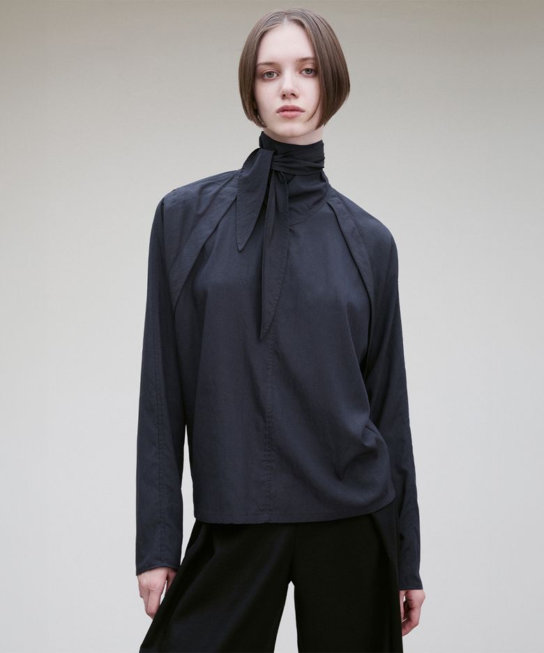 FLAP DETAIL TIE-NECK BLOUSE MIDNIGHT NAVY