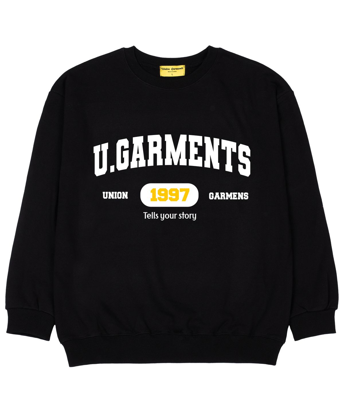 유니온가먼츠(UNION GARMENTS) 1997아치로고 쭈리 오버핏 맨투맨 티셔츠 블랙