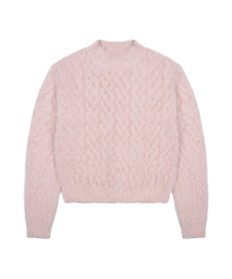 WXK014 루즈 꽈배기 풀오버 헤어리 니트 (LIGHT PINK)